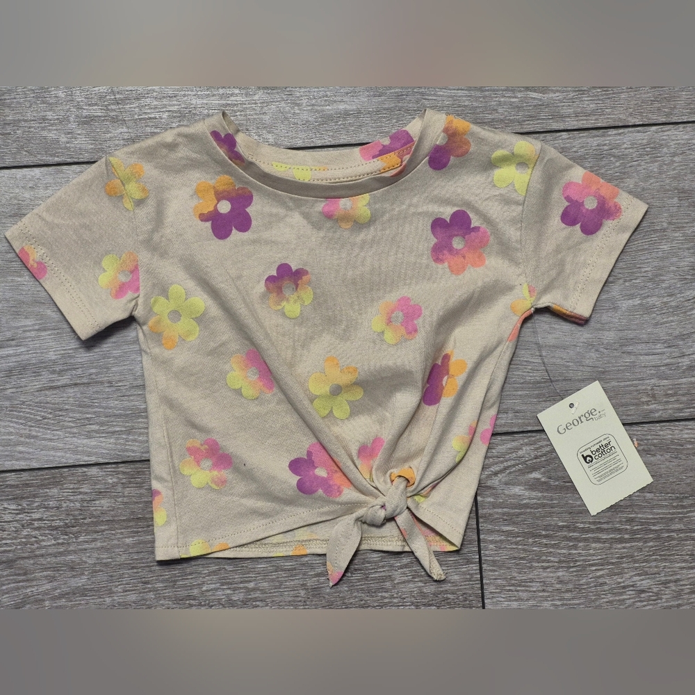 George 100% Cotton Kids Short Sleeve Floral Knot-Front Tee -Pink, Yellow, Purple